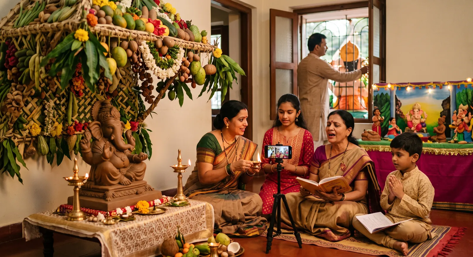 A Goan family in traditional attire celebrating Ganesh Chaturthi indoors, recording their devotional song and Matoli decoration with a smartphone mounted on a tripod for the 'Aamchi Chavath 2026' online competition.