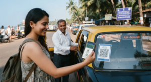 A smiling female tourist scanning a QR code on the windshield of a yellow and black taxi using her smartphone, with the driver standing nearby on a sunny street in Goa.