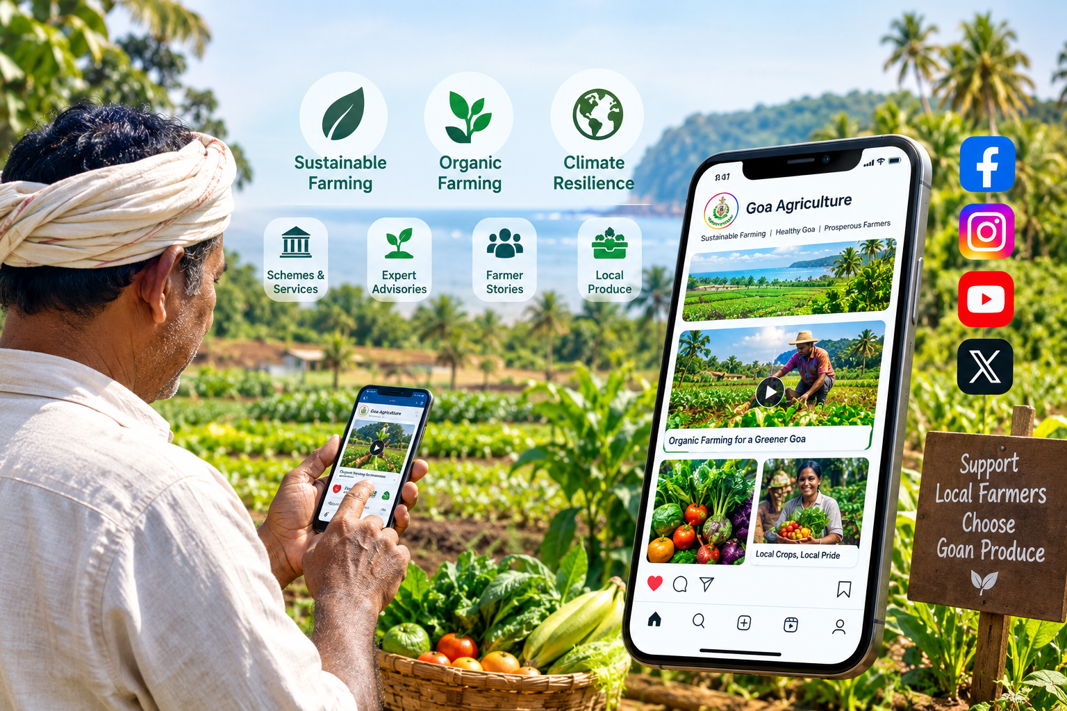 An illustrative graphic featuring a Goan farmer using a smartphone in a lush agricultural field, with promotional overlays and a large smartphone screen showing the "Goa Agriculture" digital interface and social media icons.