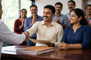 An Indian man in a cream shirt shaking hands across a desk while holding official documents, surrounded by a smiling family and colleagues clapping.