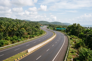 A scenic multi-lane national highway curving through dense green foliage and palm trees in Goa, featuring clear direction signboards overhead.