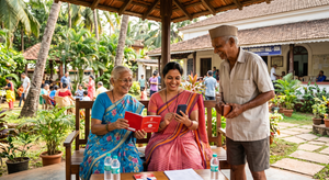Two women and an elderly man seated outside a community hall in Goa, smiling while reviewing a red document booklet and a mobile phone.