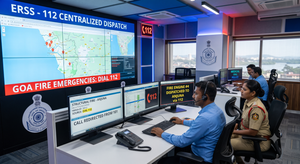 Modern ERSS-112 centralized dispatch control room in Goa with operators monitoring digital screens displaying incident locations, call redirections, and fire engine dispatch updates.