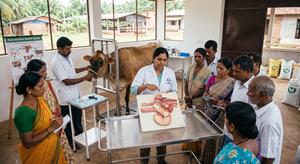 A female veterinary instructor using an anatomical model to explain cow reproductive biology to a group of local farmers in Goa.