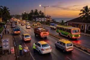 Commercial vehicles fitted with glowing red and yellow reflective safety tapes driving along a coastal highway in Goa at sunset, passing a Goa Transport checkpoint post.