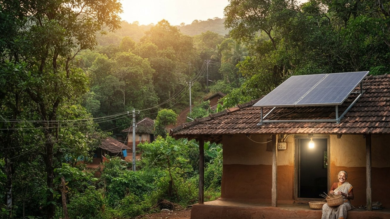 green forest hamlet of Goa with off-grid rooftop solar panels and a glowing LED light.