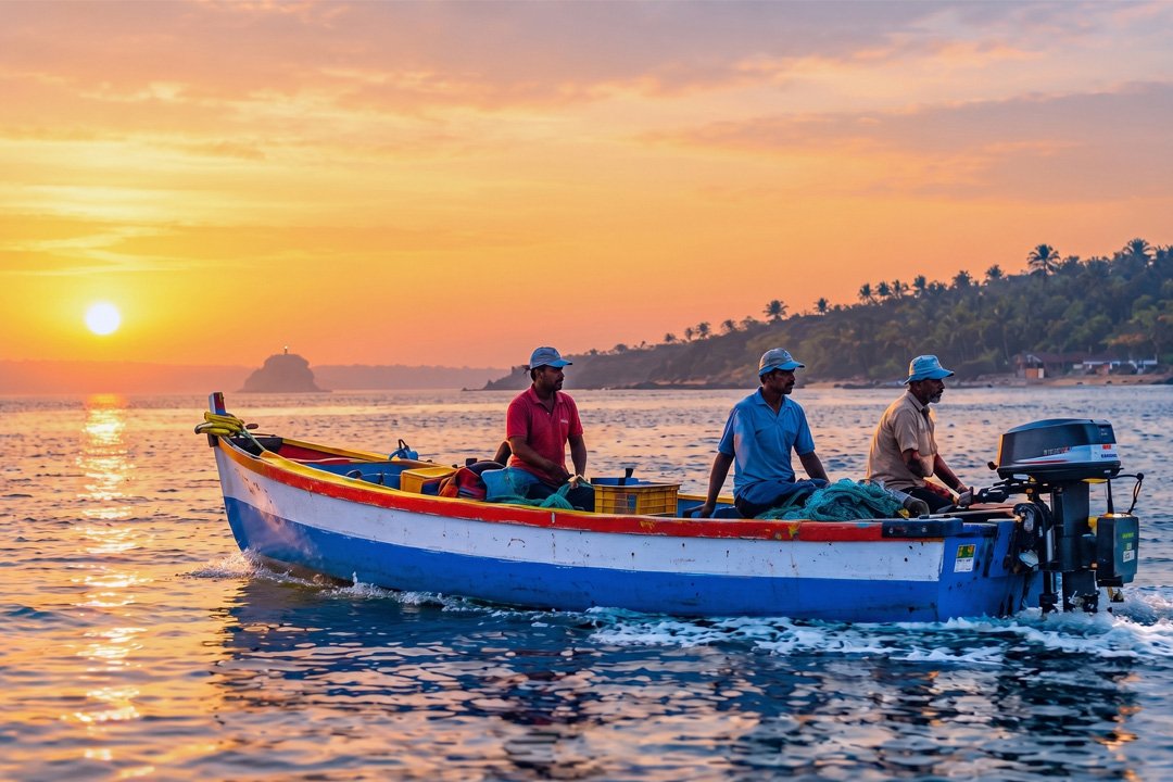 Three fishermen navigating a colorful blue, white, and red wooden motorboat across calm coastal waters in Goa during a golden sunset.