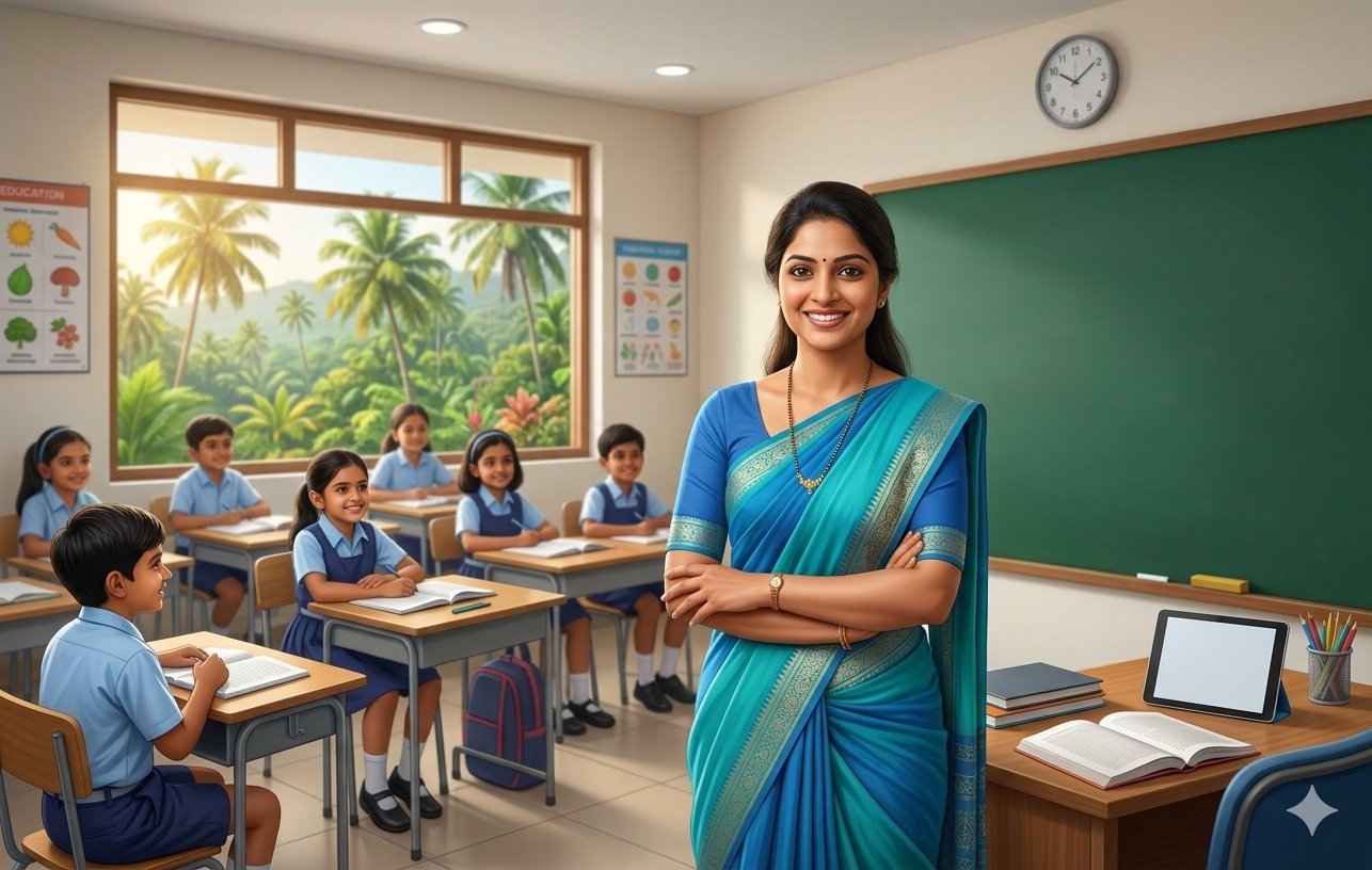 A smiling school instructor representing the high percentage of women teachers in Goa classrooms