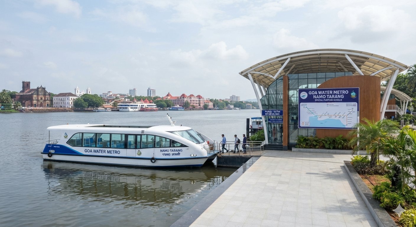 Modern hybrid-electric ferry docked at a passenger terminal for the Goa water metro project.