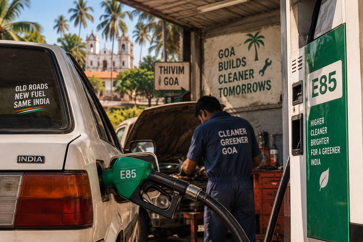 An older white car being refueled with E85 ethanol-blended fuel at a fuel station in Thivim, Goa, with an attendant working on a car engine and a church in the background.