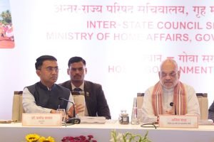 Union Home Minister Amit Shah and Goa Chief Minister Pramod Sawant seated at a conference dais during the 28th Western Zonal Council meeting.