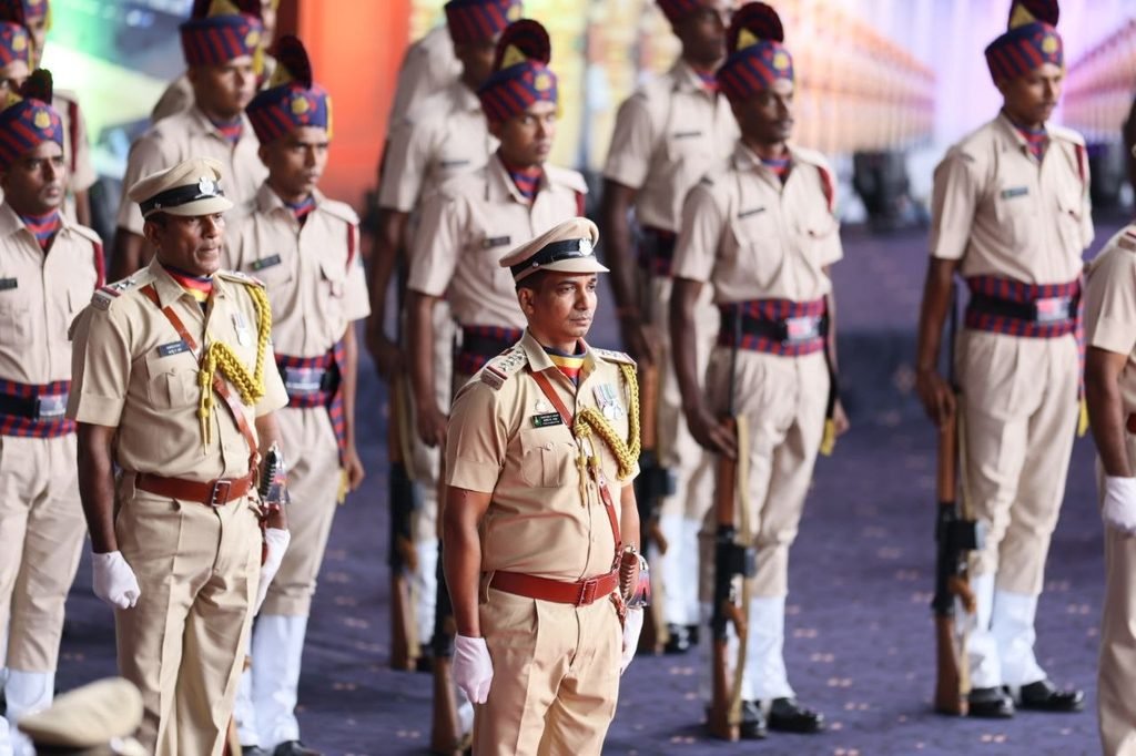 Goa Police personnel in full ceremonial attire stand at attention during the historic President's Colour Parade.