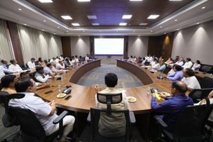 Alt Text Goa Chief Minister Pramod Sawant presiding over a high-level government meeting in a conference room with state officials and representatives regarding the Seva Sankalp Abhiyan 2026.