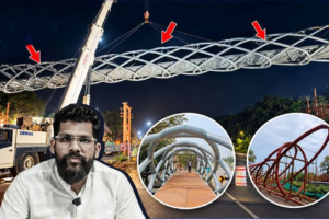Collage showing a crane hoisting the steel lattice structure of the Bambolim foot overbridge with red arrows highlighting deflection points, alongside an inset of MLA Viresh Borkar.